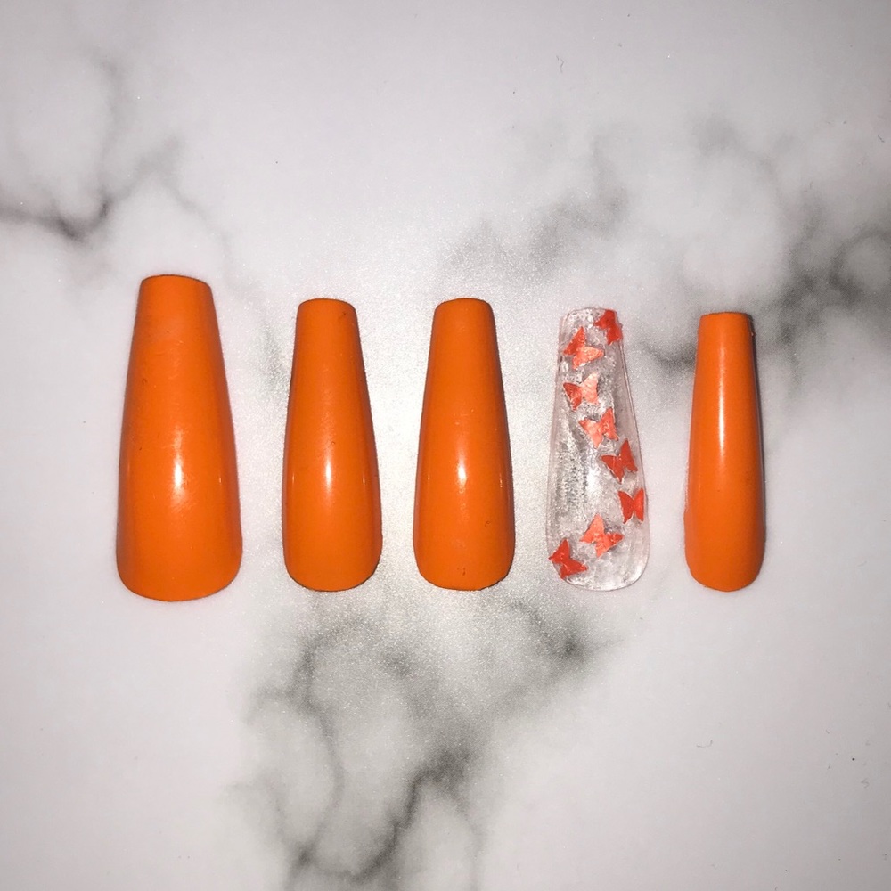 Orange butterfly press on nails